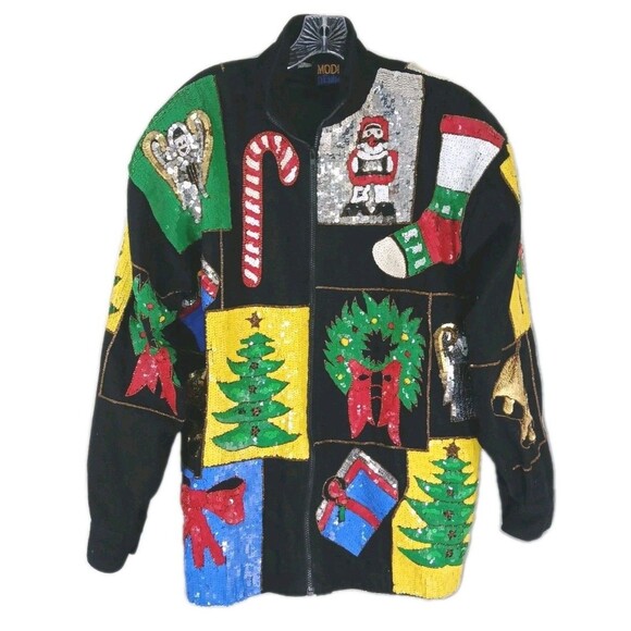 VINTAGE MODI DENIM Sequin Christmas Holiday Ugly Sweater Jacket L 10/12 80s 90s - Picture 2 of 16